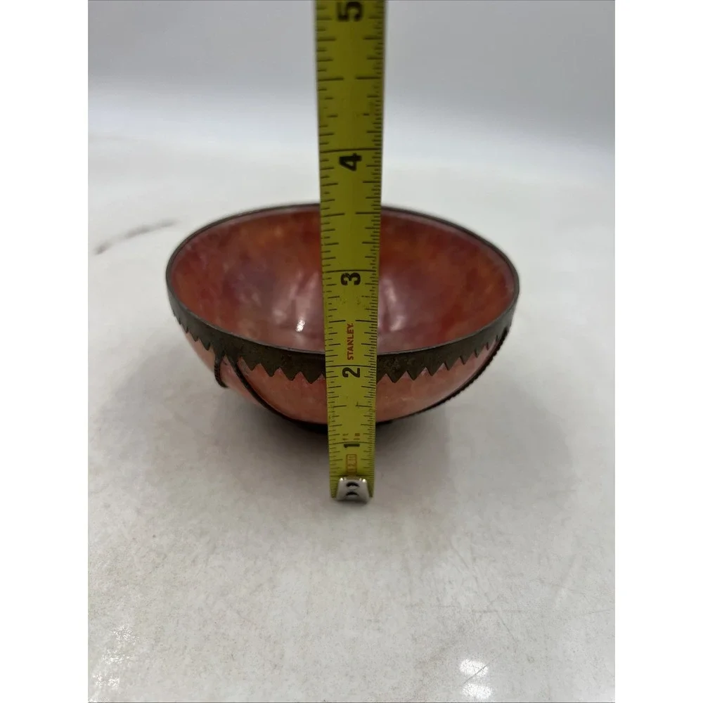 Antique Chinese Pink Crystal Soapstone Dragon & Phoenix Brass Bowl Home Decor